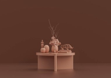 Kitaplı tek bir kahve masası, pembe kahverengi odada süs bitkileri ve vazolar, tek renkli tek renkli, 3D Renklendirmeli, kopyalama alanı olan boş oda.
