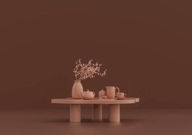 Çaydanlık ve çay fincanlı tek kahve masası, pembe kahverengi odada süs bitkileri ve vazolar, tek renk, tek renk, 3D Renklendirme, fotokopi alanı olan boş oda.