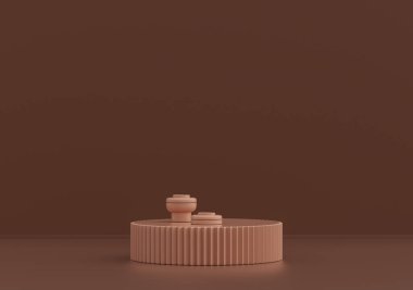 Tek kahve masası, pembe kahverengi oda, tek renk tek renk, 3D Renklendirme, kopyalama alanı olan boş oda.