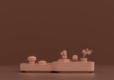Kitaplı tek bir kahve masası, pembe kahverengi odada süs bitkileri ve vazolar, tek renkli tek renkli, 3D Renklendirmeli, kopyalama alanı olan boş oda.
