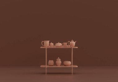 Çaydanlık ve çay fincanlı tek kahve masası, pembe kahverengi odada, tek renkli, üç boyutlu renkte, kopyalama alanı olan boş oda.