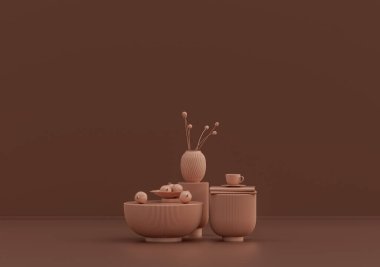 Kahve fincanı, kitap ve meyve tabağı olan tek kişilik sehpa pembe kahverengi odada, tek renk tek renk renkte, 3D renkte, boş oda ve fotokopi alanı.