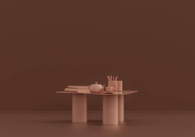 Çaydanlık ve çay fincanı ile tek kahve masası, kitaplar, pembe kahverengi oda, tek renkli tek renk, 3D Renklendirme, kopyalama alanı olan boş oda.