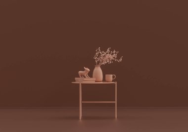 Kahve fincanı ve kitaplarla dolu tek kişilik sehpa pembe kahverengi odada, tek renk tek renk, 3D renkte, boş oda ve kopyalama alanı var.