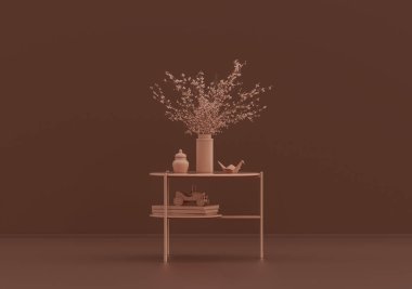 Kitaplı tek bir kahve masası, pembe kahverengi odada süs bitkileri ve vazolar, tek renkli tek renkli, 3D Renklendirmeli, kopyalama alanı olan boş oda.