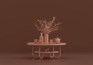 Çaydanlık ve çay fincanlı tek kahve masası, pembe kahverengi odada süs bitkileri ve vazolar, tek renk, tek renk, 3D Renklendirme, fotokopi alanı olan boş oda.