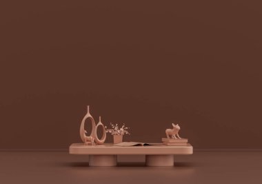 Kitaplı tek bir kahve masası, pembe kahverengi odada süs bitkileri ve vazolar, tek renkli tek renkli, 3D Renklendirmeli, kopyalama alanı olan boş oda.