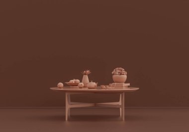 Çaydanlık ve çay fincanı, meyve tabağı, süs bitkileri ve vazolar pembe kahverengi odada, tek renk, 3D Renklendirme, kopyalama alanı olan boş oda.