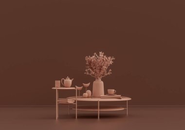 Kitaplı tek bir kahve masası, pembe kahverengi odada süs bitkileri ve vazolar, tek renkli tek renkli, 3D Renklendirmeli, kopyalama alanı olan boş oda.