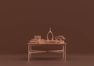 Kahve fincanı ve kitaplarla dolu tek kişilik sehpa pembe kahverengi odada, tek renk tek renk, 3D renkte, boş oda ve kopyalama alanı var.