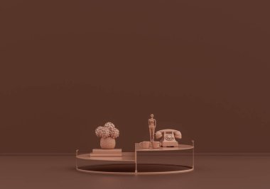 Retro telefon, kitaplar, süs bitkileri ve vazolarla dolu tek renkli tek renkli kahve masası, 3D Renklendirme, kopyalama alanı olan boş oda.