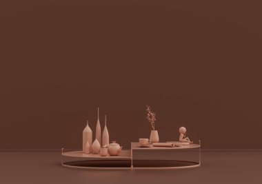 Tek kahve masası, süslemeli bitkiler ve vazolar pembe kahverengi odada, tek renk, 3D Renklendirme, kopyalama alanı olan boş oda.