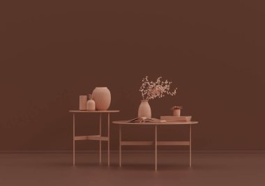 Kitaplı tek bir kahve masası, pembe kahverengi odada süs bitkileri ve vazolar, tek renkli tek renkli, 3D Renklendirmeli, kopyalama alanı olan boş oda.