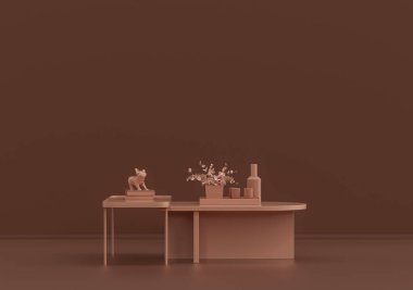 Tek kahve masası, süslemeli bitkiler ve vazolar pembe kahverengi odada, tek renk, 3D Renklendirme, kopyalama alanı olan boş oda.