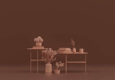 Kahve fincanı ve kitaplarla dolu tek kişilik sehpa pembe kahverengi odada, tek renk tek renk, 3D renkte, boş oda ve kopyalama alanı var.