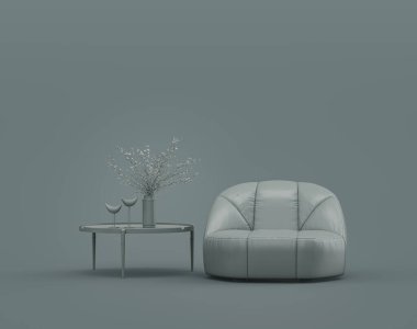 Tek bir kahve masası ve tek renk gri iç oda koltuğu, tek gri renk, üç boyutlu resim çerçeveli arka plan.