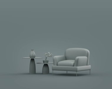 Tek bir kahve masası ve tek renk gri iç oda koltuğu, tek gri renk, üç boyutlu resim çerçeveli arka plan.