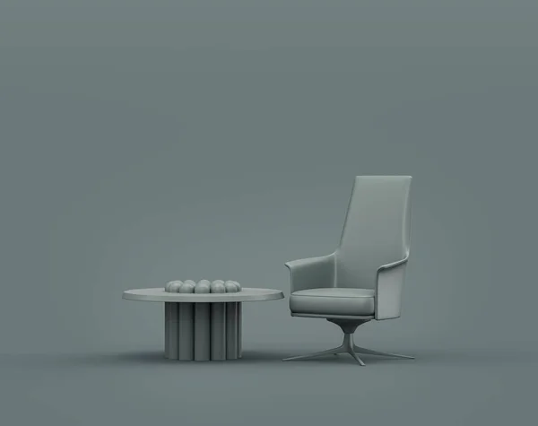 单张咖啡桌和扶手椅 单色灰色室内 单色灰色 3D渲染 画框背景 — 图库照片