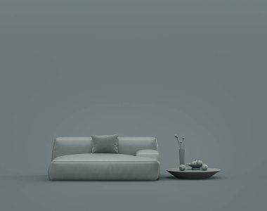 Tek bir sehpa ve kanepe tek renk gri iç oda, tek gri renk, üç boyutlu görüntü, poster çerçeveli arka plan.