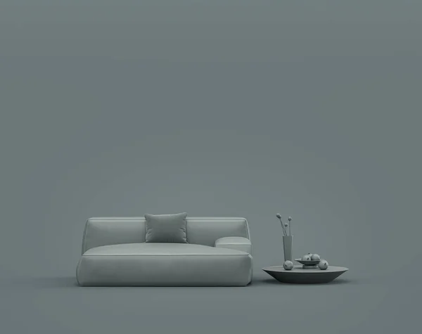 Einzelner Couchtisch Und Sofa Einem Monochromen Dunkelgrauen Innenraum Einzelne Graue — Stockfoto
