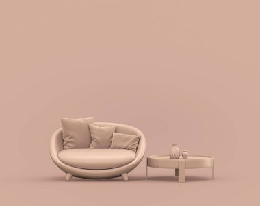 Tek kişilik koltuk ve tek renkli kahve masası. Tek renk, pembe kahverengi, pembemsi iç oda. Boş duvarlı, 3 boyutlu.