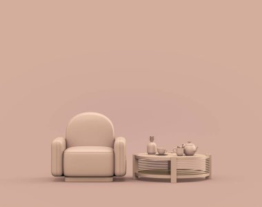 Tek kişilik koltuk ve tek renkli kahve masası. Tek renk, pembe kahverengi, pembemsi iç oda. Boş duvarlı, 3 boyutlu.