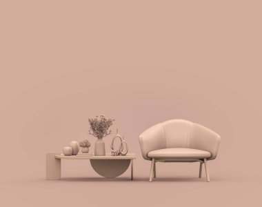 Tek kişilik koltuk ve tek renkli kahve masası. Tek renk, pembe kahverengi, pembemsi iç oda. Boş duvarlı, 3 boyutlu.