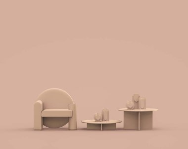 Tek kişilik koltuk ve tek renkli kahve masası. Tek renk, pembe kahverengi, pembemsi iç oda. Boş duvarlı, 3 boyutlu.