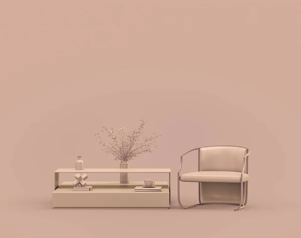 Egyszemélyes Fotel Dohányzóasztal Monokróm Egyszínű Rózsás Barna Rózsaszínű Belső Szoba — Stock Fotó