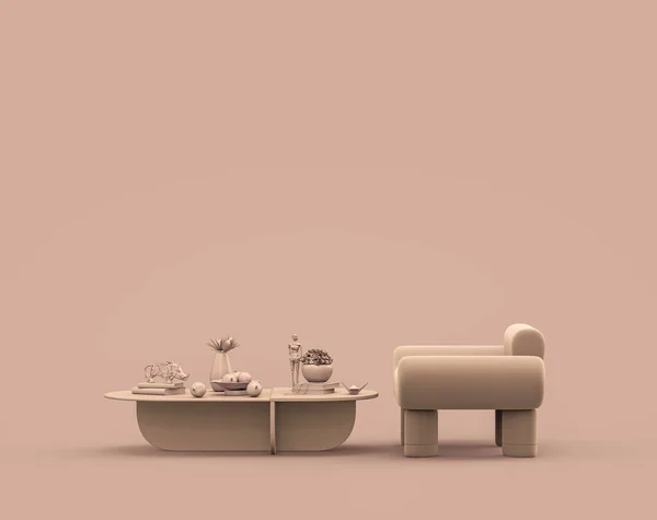 Pojedynczy Fotel Stolik Monochromatycznym Jednokolorowy Różowy Brązowy Różowy Kolor Wnętrza — Zdjęcie stockowe