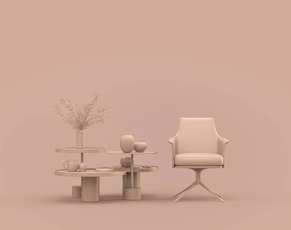 Egyszemélyes Fotel Dohányzóasztal Monokróm Egyszínű Rózsás Barna Rózsaszínű Belső Szoba — Stock Fotó