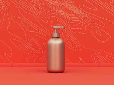 Turuncu arka planda tek renk altın rengi sabun dağıtıcısı dalga desenli iç oda, 3 boyutlu simge, 3 boyutlu şekil, ev eşyaları