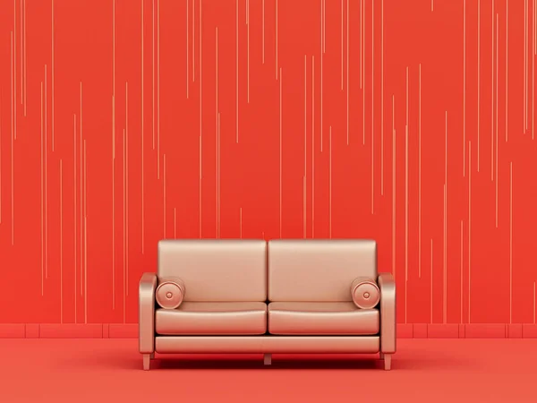 Monochromes Sofa Einfarbig Metallisches Gold Orangefarbenem Hintergrund Innenraum Mit Streifenmuster — Stockfoto