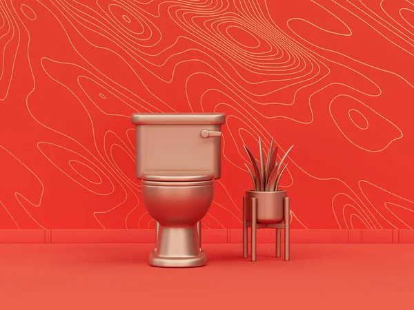 Monochromatyczny Pojedynczy Kolor Metalicznego Złota Toaleta Szafa Rośliną Pomarańczowym Tle — Zdjęcie stockowe