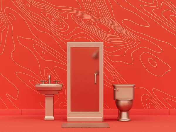 Miniaturowa Łazienka Prysznicem Umywalką Szafą Pomarańczowym Tle Wnętrze Pokoju Wzorem — Zdjęcie stockowe