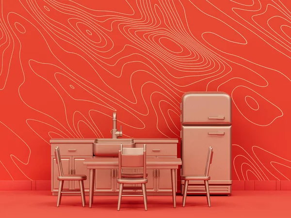 Kuchnia Lodówką Stołem Pomarańczowym Tle Wnętrze Pokoju Wzorem Fali Monochromatyczny — Zdjęcie stockowe