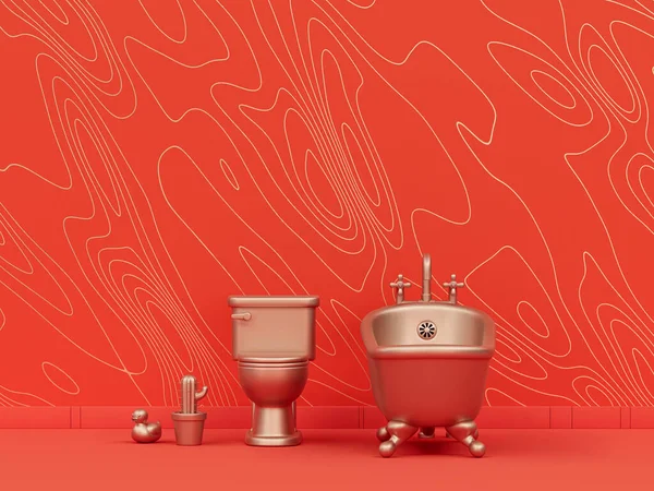 Badkuip Toilet Kast Oranje Achtergrond Interieur Kamer Met Golfpatroon Monochrome — Stockfoto