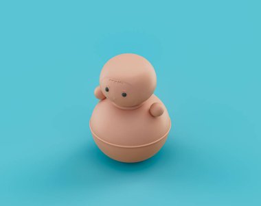 Isometric düz turuncu taklacı, tek renk turkuazlı yuvarlak oyuncak, mavi arka plan, hiç kimse, 3d oluşturma