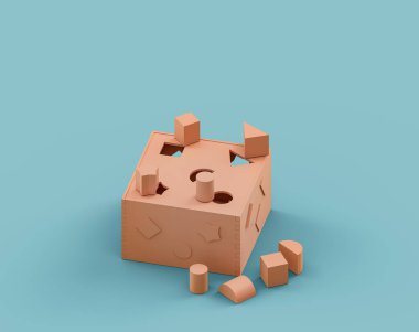 Isome düz turuncu renkli yapboz oyuncağı. Tek renk turkuaz, mavi arka plan, hiç kimse, 3D renkte.