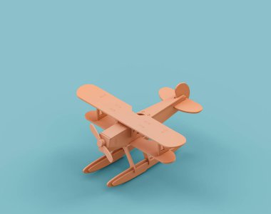 Isometric düz turuncu renkli tek pervaneli uçak oyuncağı tek renk turkuaz, mavi arkaplan, hiç kimse, 3d oluşturma