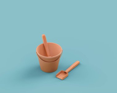 Isometric düz turuncu renkli kova ve kürek oyuncağı tek renk turkuaz, mavi arka plan, hiç kimse, 3D görüntüleme