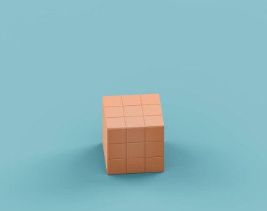 Isometric düz turuncu rubik küp oyuncağı tek renk turkuaz, mavi arkaplan, hiç kimse, 3d oluşturma