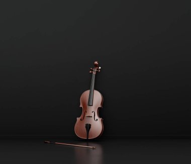 Müzik enstrümanı, karanlık bir stüdyoda tek bir keman ve ip, hiç kimse, 3D görüntüleme