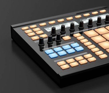 Müzik enstrümanı, USB MIDI ped kontrolörü, bateri ve efekt pedi karanlık bir stüdyoda, hiç kimse, 3D görüntüleme
