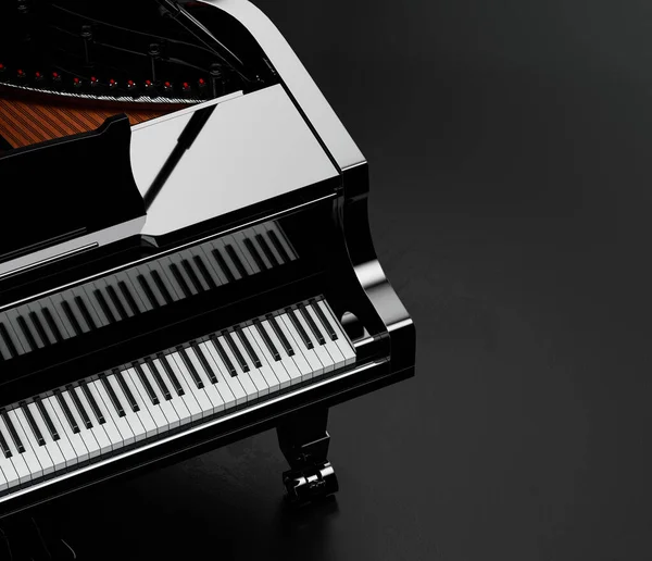 Music instriument, black grand piano in a dark studio, nobody, 3d rendering