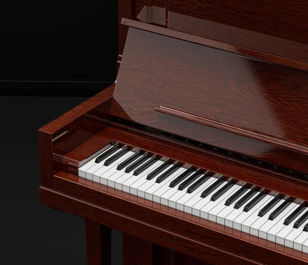 ヴィンテージ木製コンソールピアノ ダークスタジオでの直立ピアノ 3Dレンダリング — ストック写真