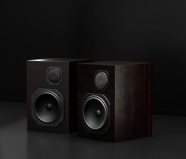 Müzik enstrümanı, karanlık bir stüdyoda yerde profesyonel hoparlörler, hiç kimse, 3D görüntüleme