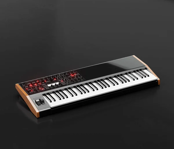 暗いスタジオで床に楽器 シンセサイザー 電子キーボード 3Dレンダリング — ストック写真