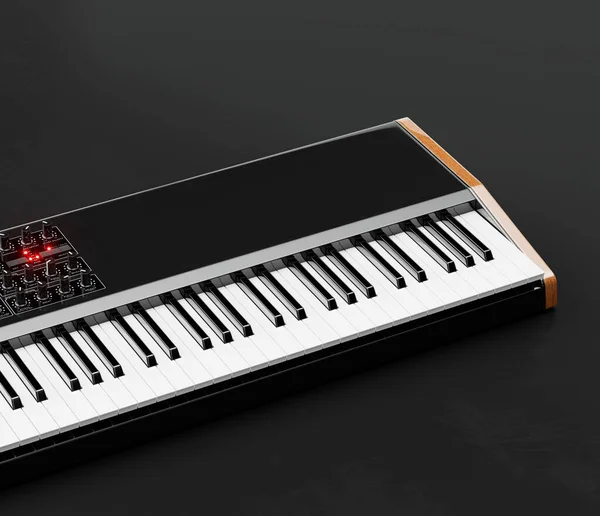 音乐创作 合成器 电子键盘在黑暗工作室的地板上 没有人 3D渲染 — 图库照片