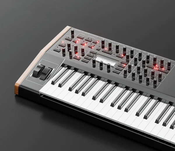 Music Instriument Synthesizer Electronic Keyboard Floor Dark Studio Nobody Rendering — Stock Photo, Image